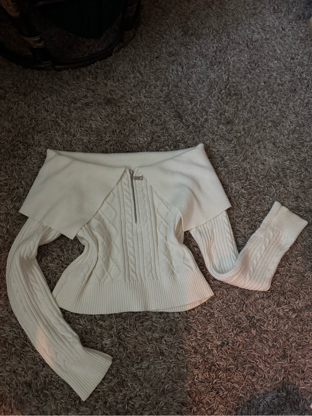 Cotton On Cream Off-Shoulder Cable Knit Sweater with Front Zip Detail